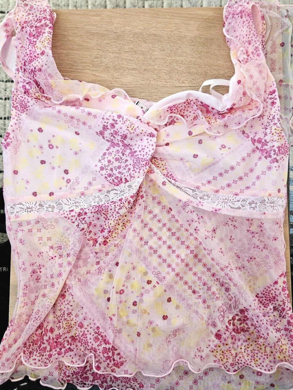 PINK By VS Off The Shoulder Ruffle Top Pink Patchwork NEW LARGE MSRP $39.95